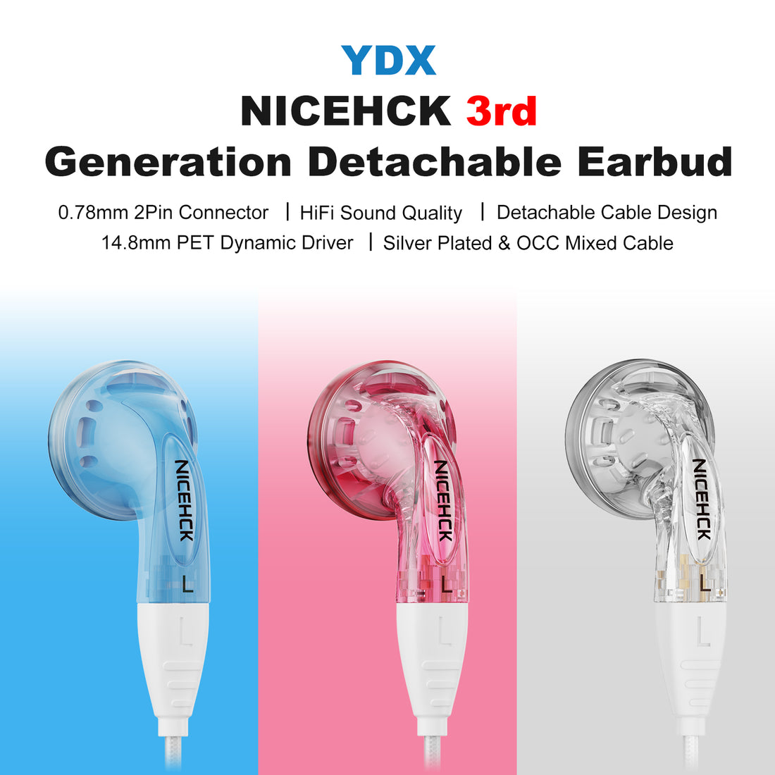 NiceHCK YDX HiFi 유선 이어버드: 14.8mm 다이나믹 드라이버 인이어 이어폰 모니터, 0.78 2핀 분리형 케이블, 음악 및 게임 플랫 이어버드